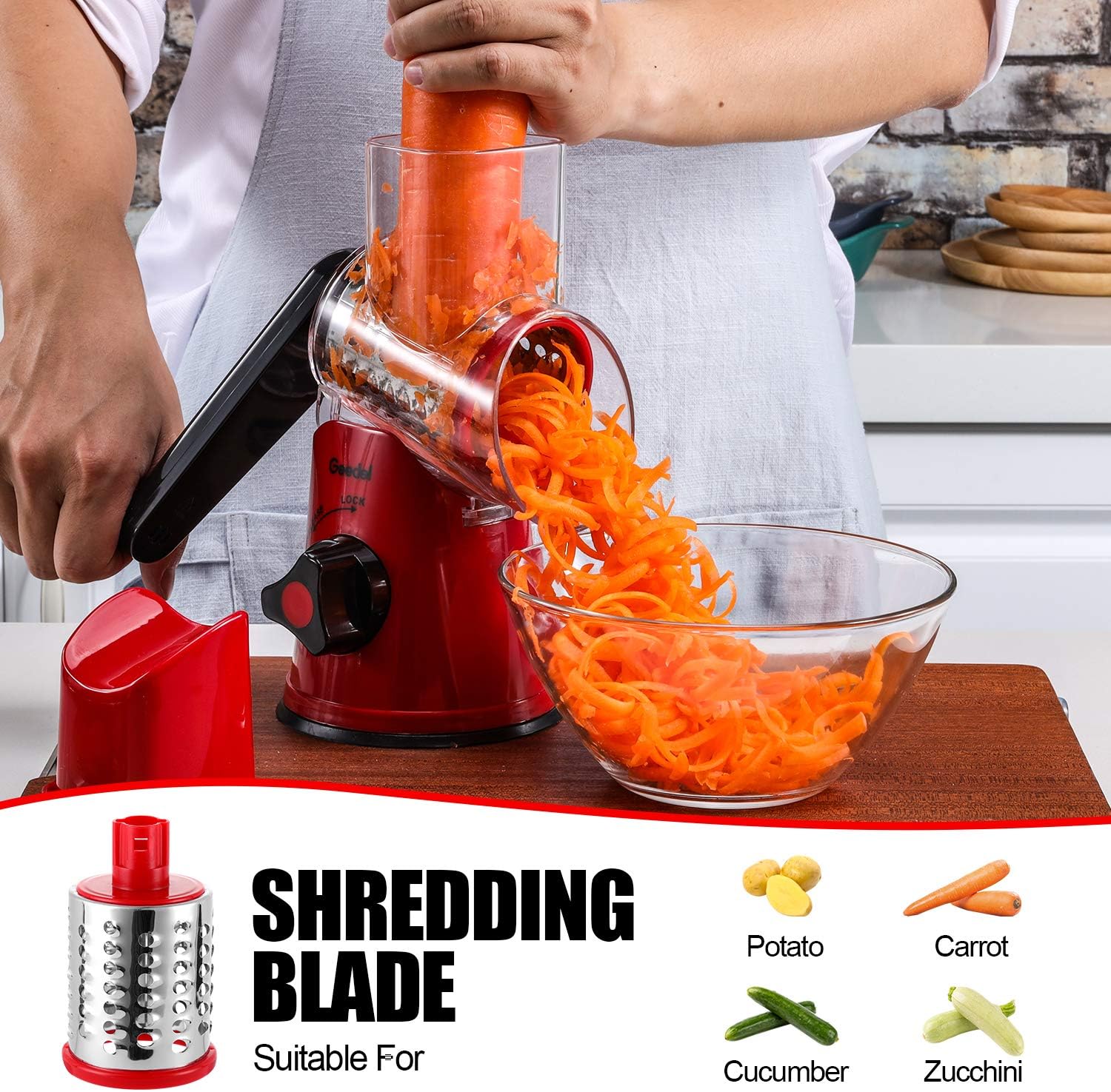 Geedel Rotary Cheese Grater, Kitchen Mandoline Vegetable Slicer with 3 Interchangeable Blades, Easy to Clean Grater for Fruit, Vegetables, Nuts - havana shop