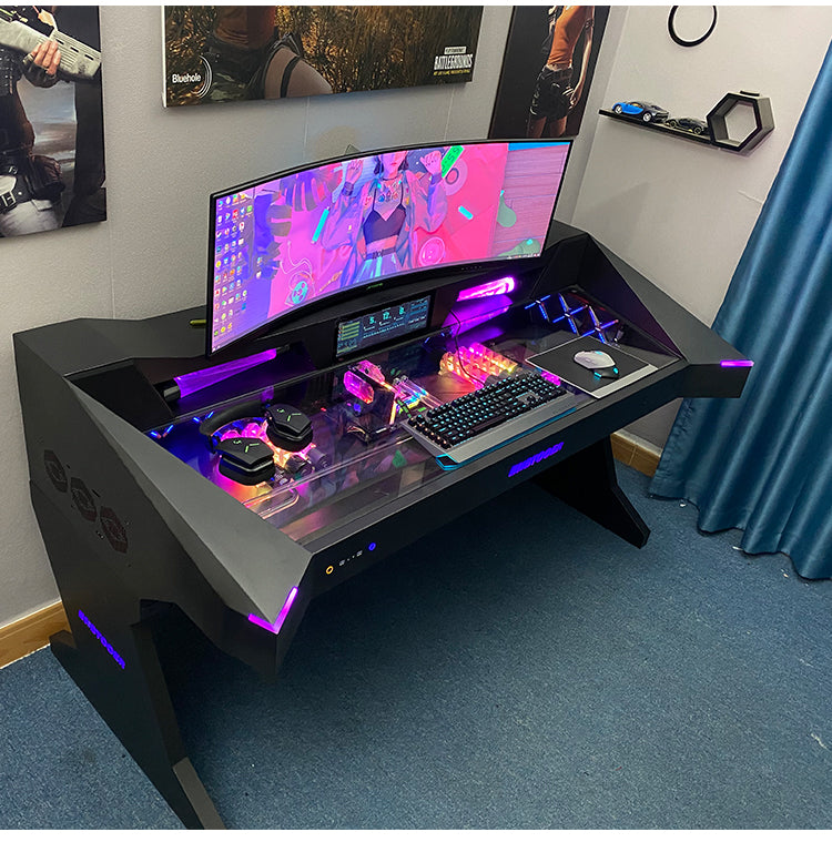Gamer Tempered Glass Side Panel Table PC Desk RGB Water-Cooling