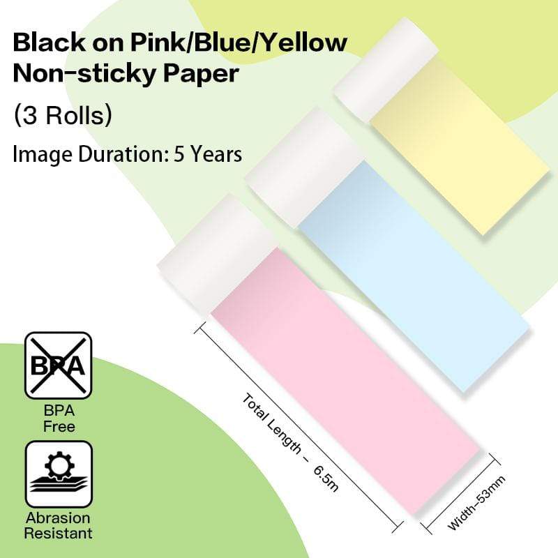 53mm Colorful Non-Adhesive 5-Year Long-Lasting Thermal Paper for M02 Series/ M03AS/ M04S/ M04AS丨3 Rolls