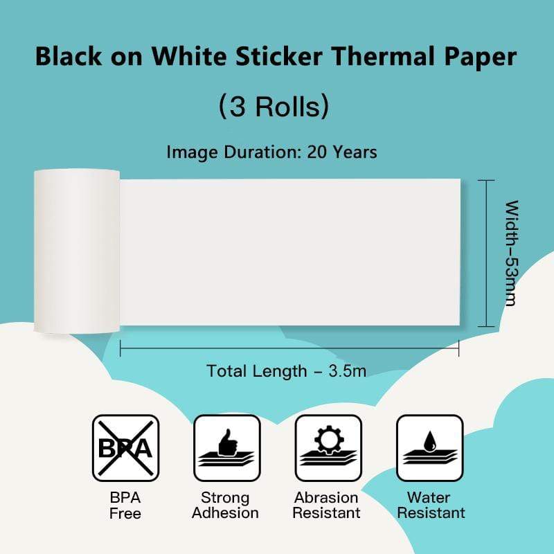 53mm 20-year Lasting White Sticker Thermal Paper For M02 Series/ M03AS/ M04S/ M04AS丨3 Rolls