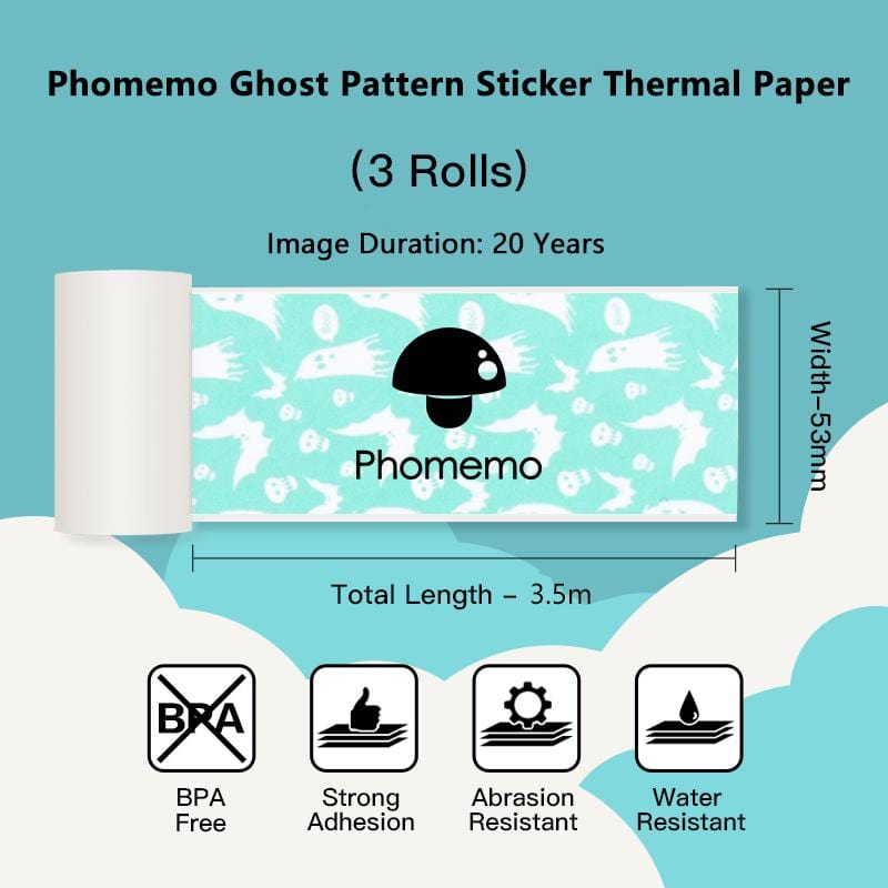 53mm Pattern Sticker 20-Year Long-Lasting Ghost Thermal Paper For M02 Series/ M03AS/ M04S/ M04AS丨3 Rolls